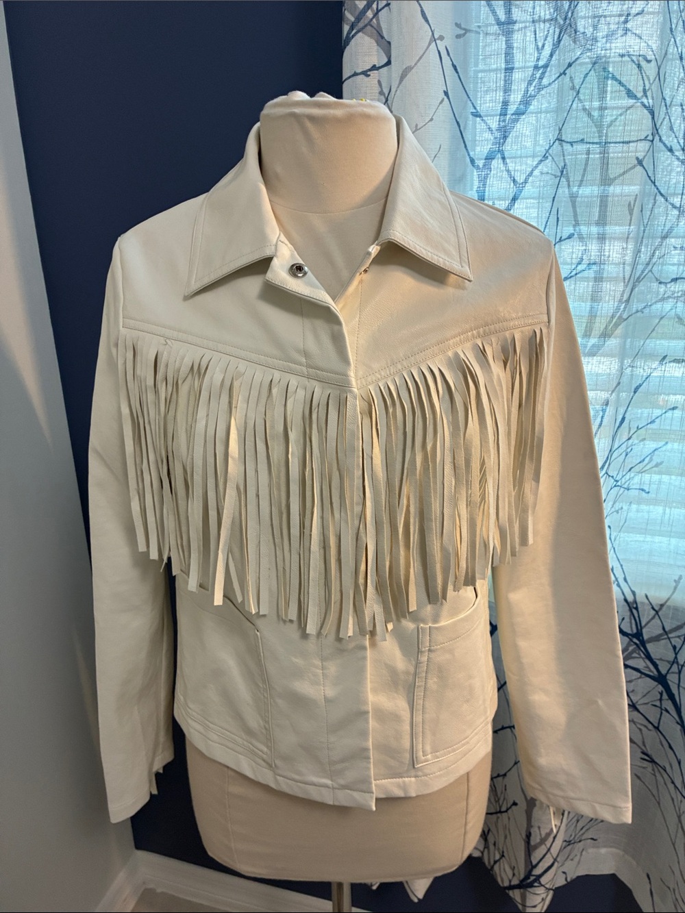 Fringed Cream Faux Leather Jacket